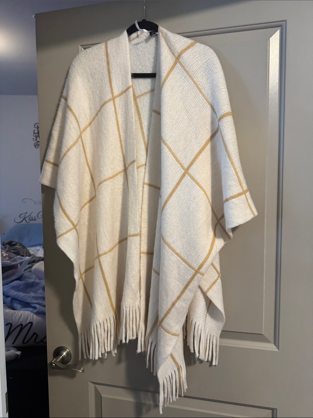 Lane Bryant Cream Open Front Fringe Poncho with Tan Windowpane